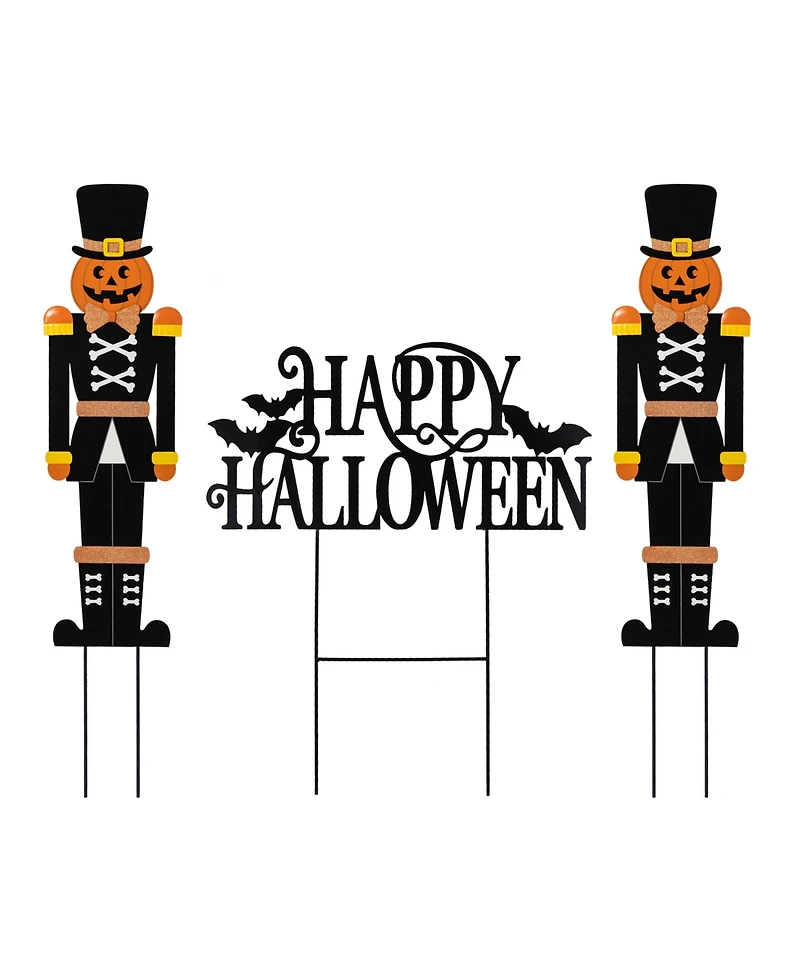Glitzhome Metal Nutcracker and Happy Halloween Yard Stakes, Set of 3