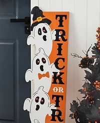 Glitzhome 42" Lighted Halloween Wooden Stacked Ghost with Trick or Treat Porch Sign with Timer