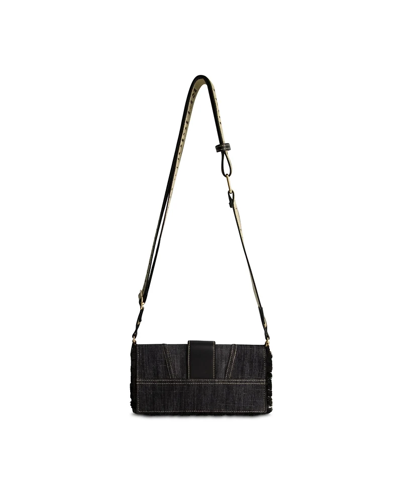 True Religion Frayed Denim Flap Bag with Logo Strap