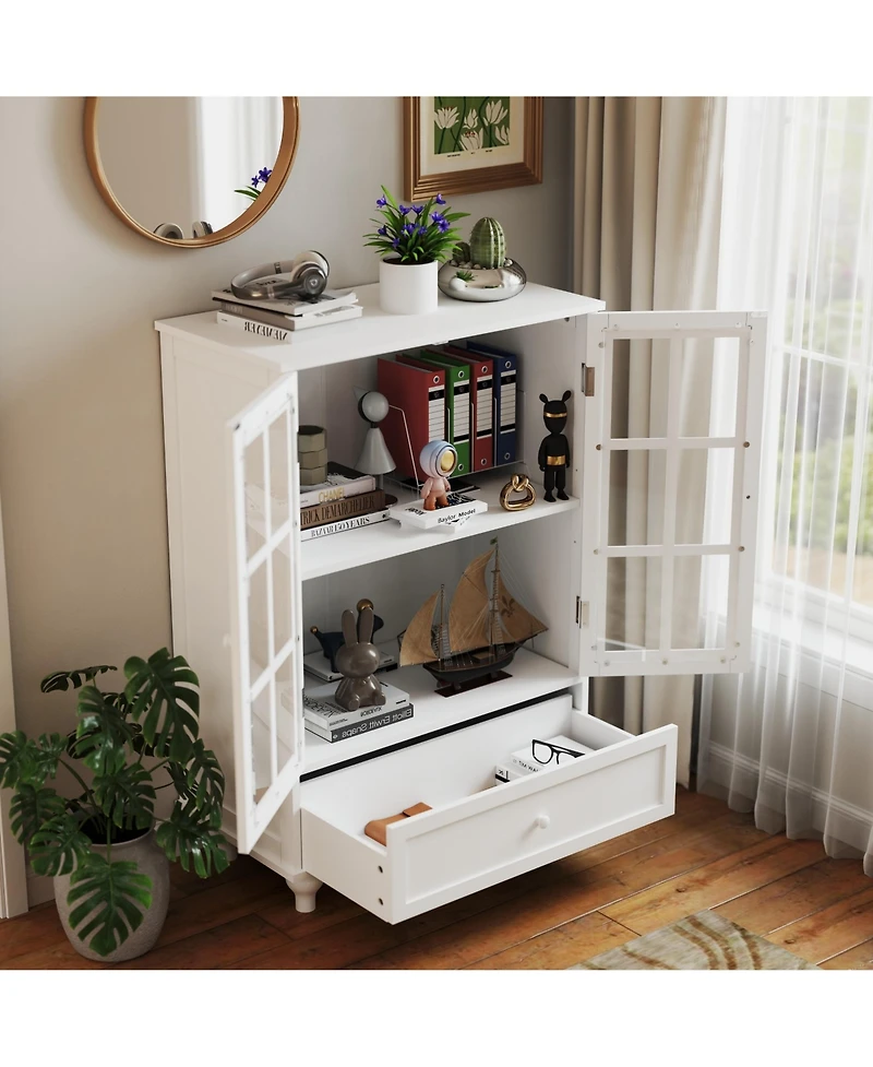 Minimalist White Buffet Cabinet with Double Glass Doors and Drawer, Modern Wooden Storage Sideboard Cupboard for Living room, Dining Room Hallway Entr