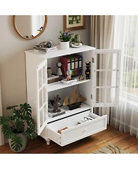 Minimalist White Buffet Cabinet with Double Glass Doors and Drawer, Modern Wooden Storage Sideboard Cupboard for Living room, Dining Room Hallway Entr