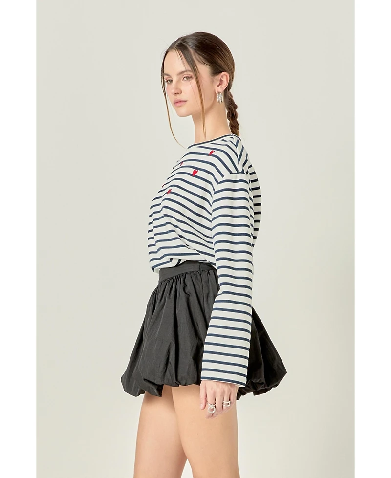 English Factory Women's Heart Embroidered Stripe T Shirt