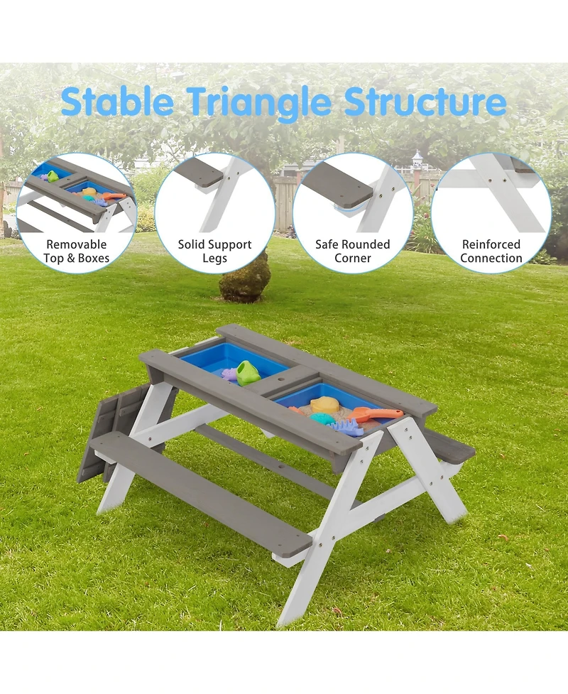 Flynama One 3-in-1 Kids Outdoor Wooden Picnic Table With Umbrella, Convertible Sand & Wate, Gray Astm & Cpsia Certification