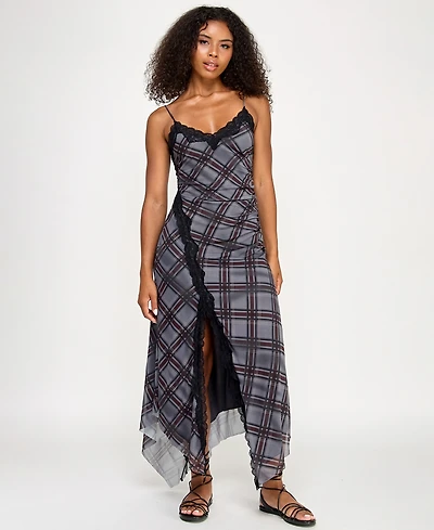 Seni & Cade Juniors' Lace-Trim Mesh Fit Flare Dress