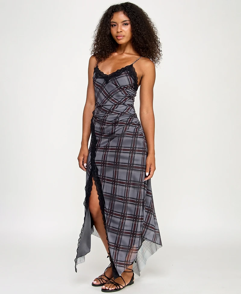 Seni & Cade Juniors' Lace-Trim Mesh Fit Flare Dress