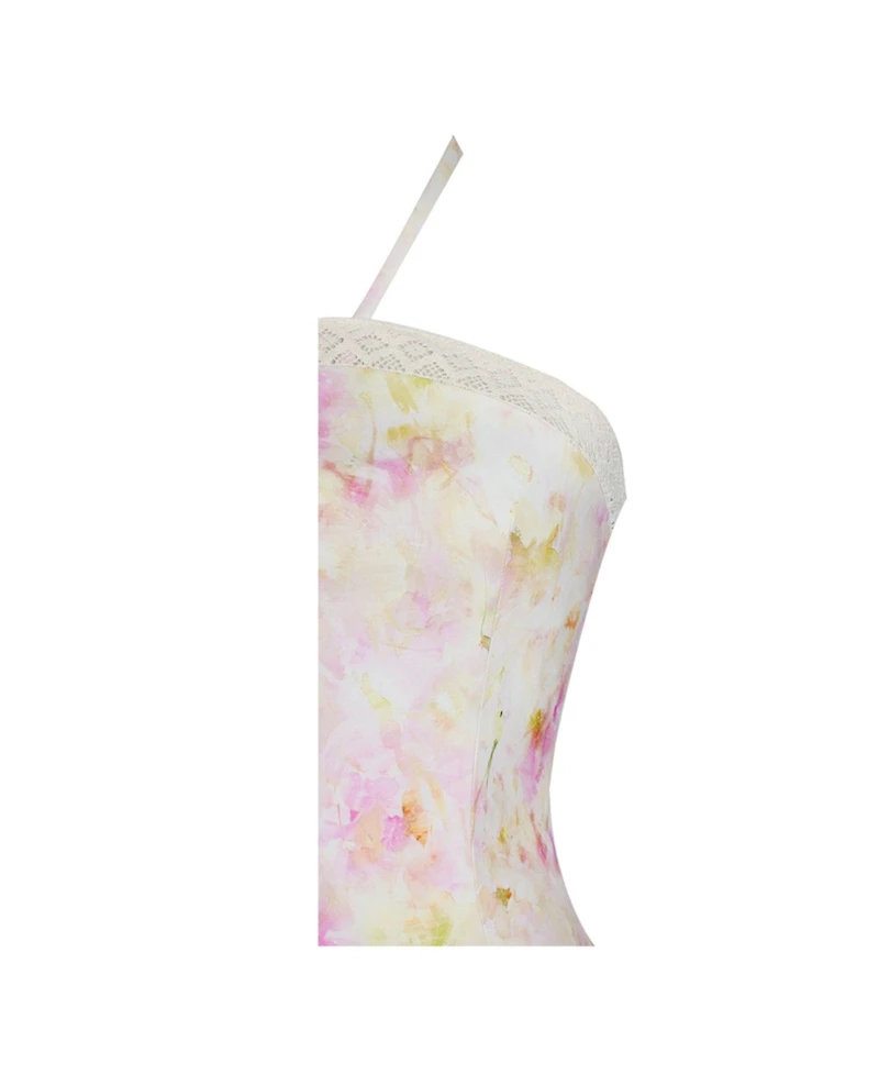 Miss Circle Women's Zaina Yellow Pink Floral Print Lace Trim Linen Midi Dress