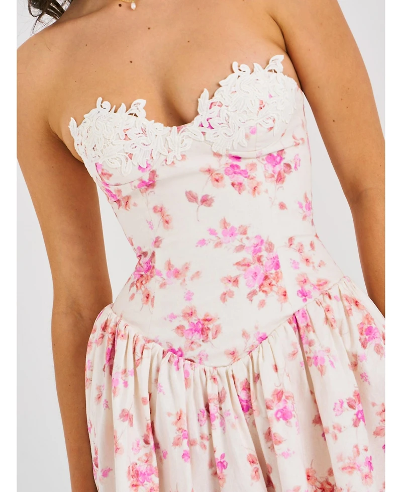 Miss Circle Women's Samara Floral Drop Waist Linen Corset Puffy Mini Dress