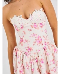 Miss Circle Women's Samara Floral Drop Waist Linen Corset Puffy Mini Dress