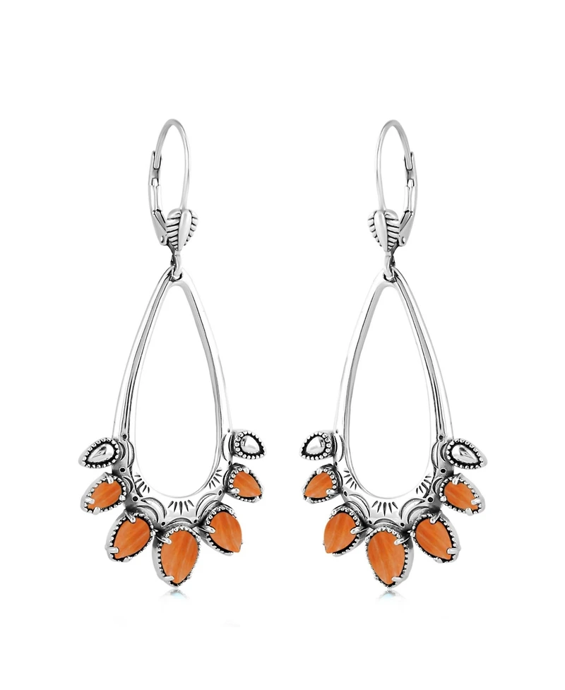 American West Jewelry Sterling Silver Orange Spiny Oyster Open Pear Gemstone Lever Back Earrings