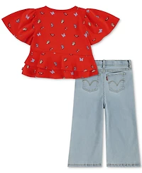 Levi's Baby Girls Butterfly-Print Peplum Top and Wide-Leg Jeans, 2 Piece Set