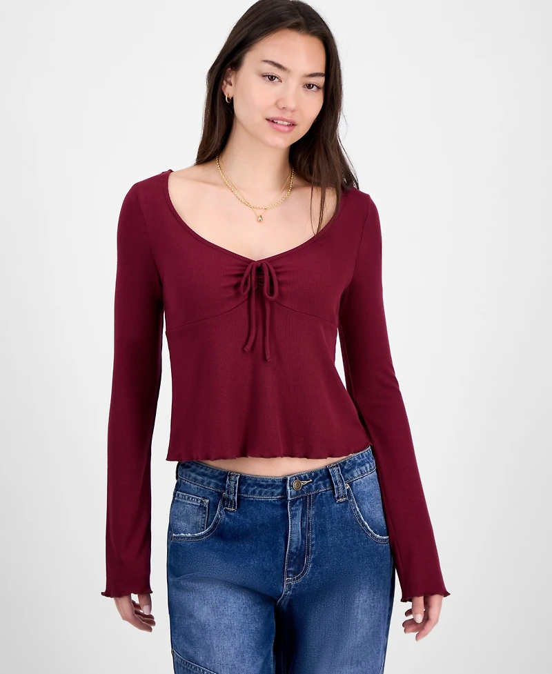 Self Esteem Juniors' Solid V-Neck Rib Knit Long Sleeve