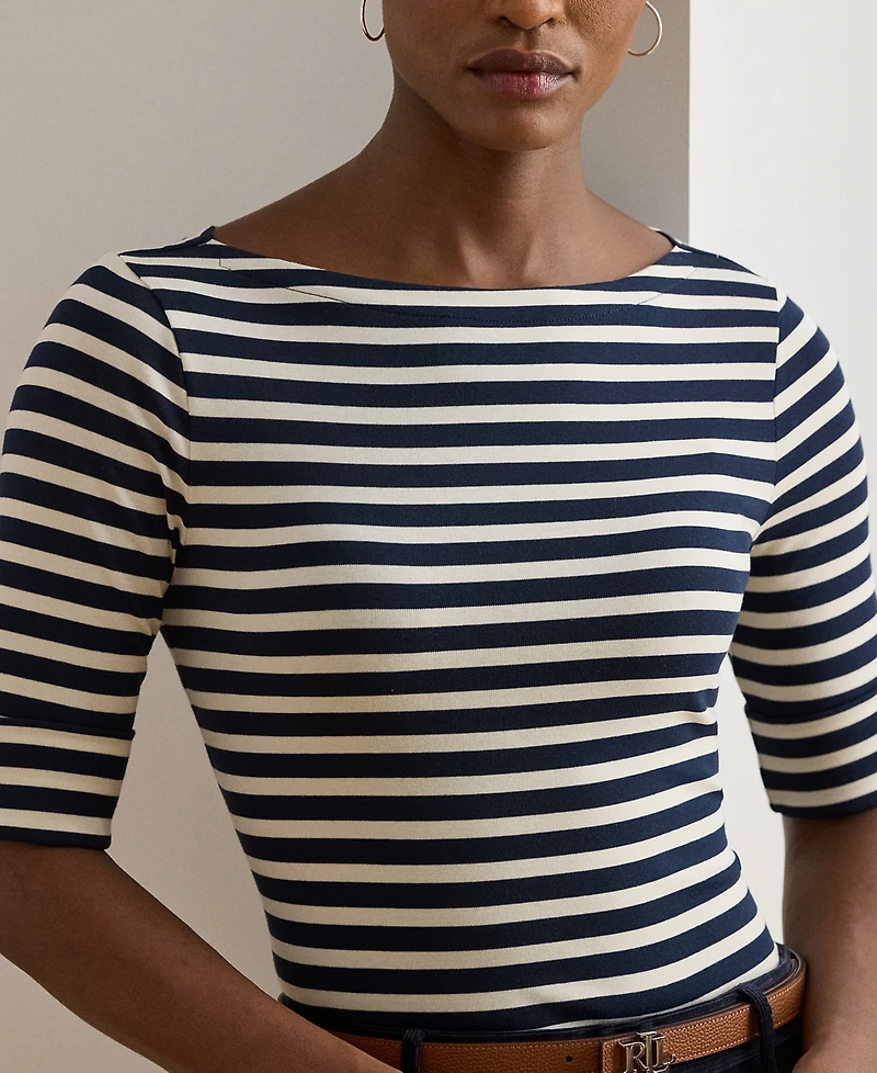 Lauren Ralph Petite Striped Stretch Cotton Boatneck Tee