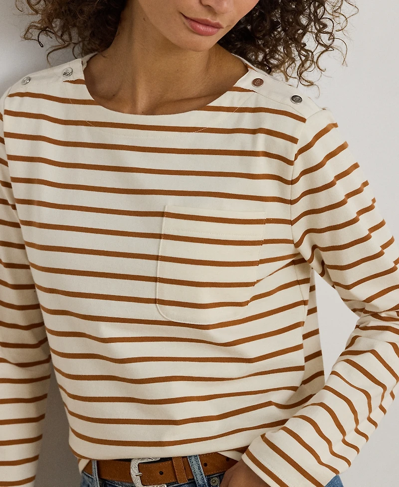 Lauren Ralph Petite Striped Jersey Snap-Trim Boatneck Top