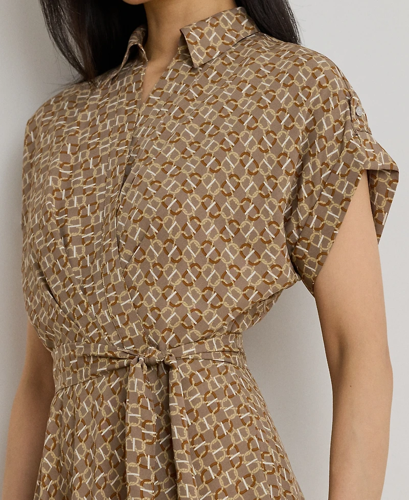 Lauren Ralph Petite Geo-Print Belted Crepe Dress