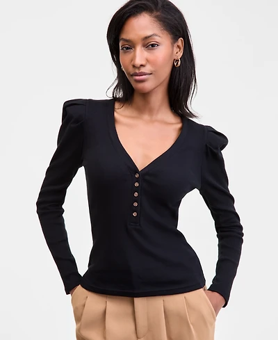 On 34th Women's Puff-Shoulder Long-Sleeve Henley T-Shirt, Macy's Exclusive