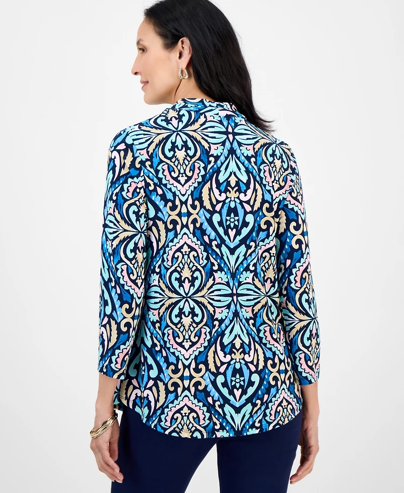 Jm Collection Women's Printed 3/4 Sleeve V-Neck Knit Top, Exclusively at Macy's