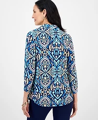 Jm Collection Women's Printed 3/4 Sleeve V-Neck Knit Top, Exclusively at Macy's