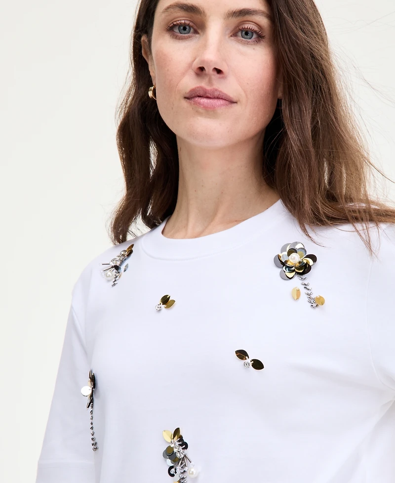 On 34th Women's Scattered-Floral-Embellished Cotton T-Shirt, Macy's Exclusive
