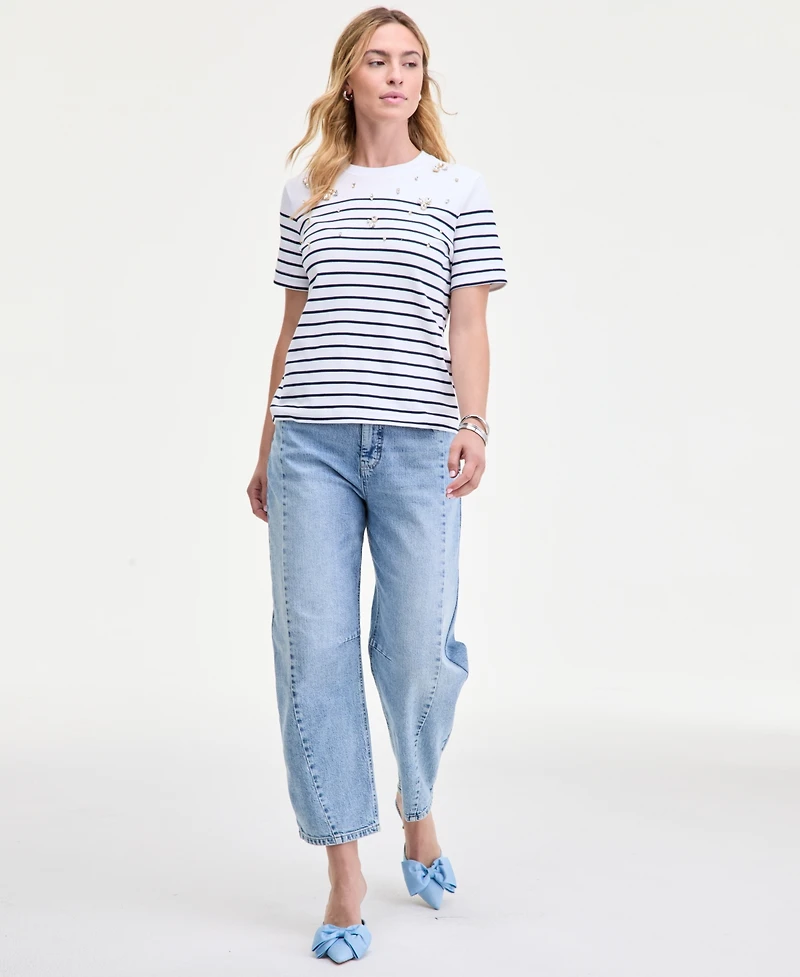 On 34th Women's Classic Stripe Embellished Cotton T-Shirt, Macy's Exclusive