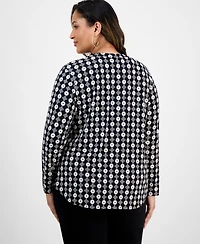 Jm Collection Plus Printed V-Neck Long-Sleeve Top