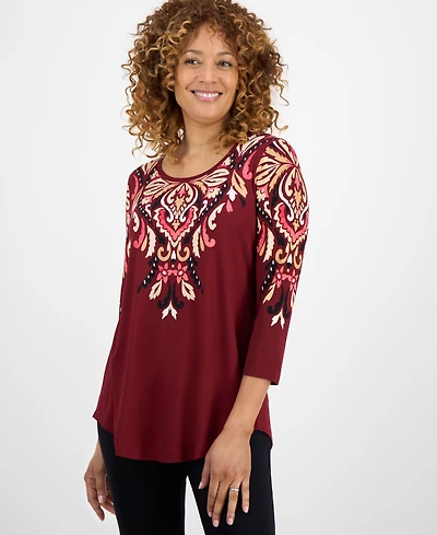 Jm Collection Women's Printed Scoop-Neck 3/4-Sleeve Top, Exclusively at Macy's