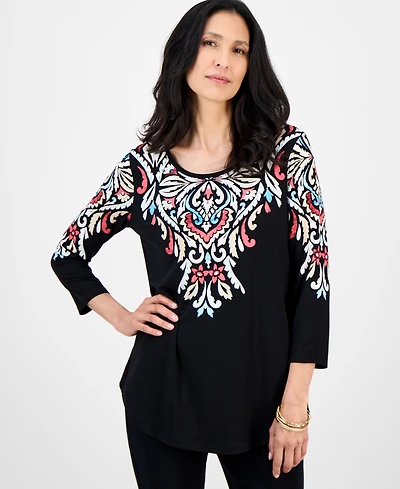 Jm Collection Women's Printed Scoop-Neck 3/4-Sleeve Top, Exclusively at Macy's