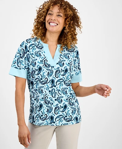 Jm Collection Petite Printed Split-Neck Top, Macy's Exclusive