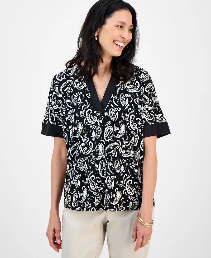 Jm Collection Women's Printed Short-Sleeve Satin-Trim Top, Exclusively at Macy's