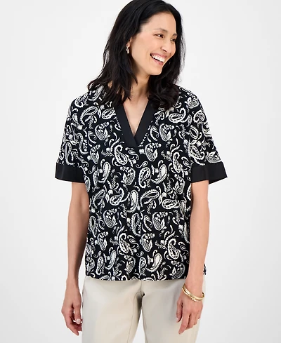 Jm Collection Women's Printed Short-Sleeve Satin-Trim Top, Exclusively at Macy's
