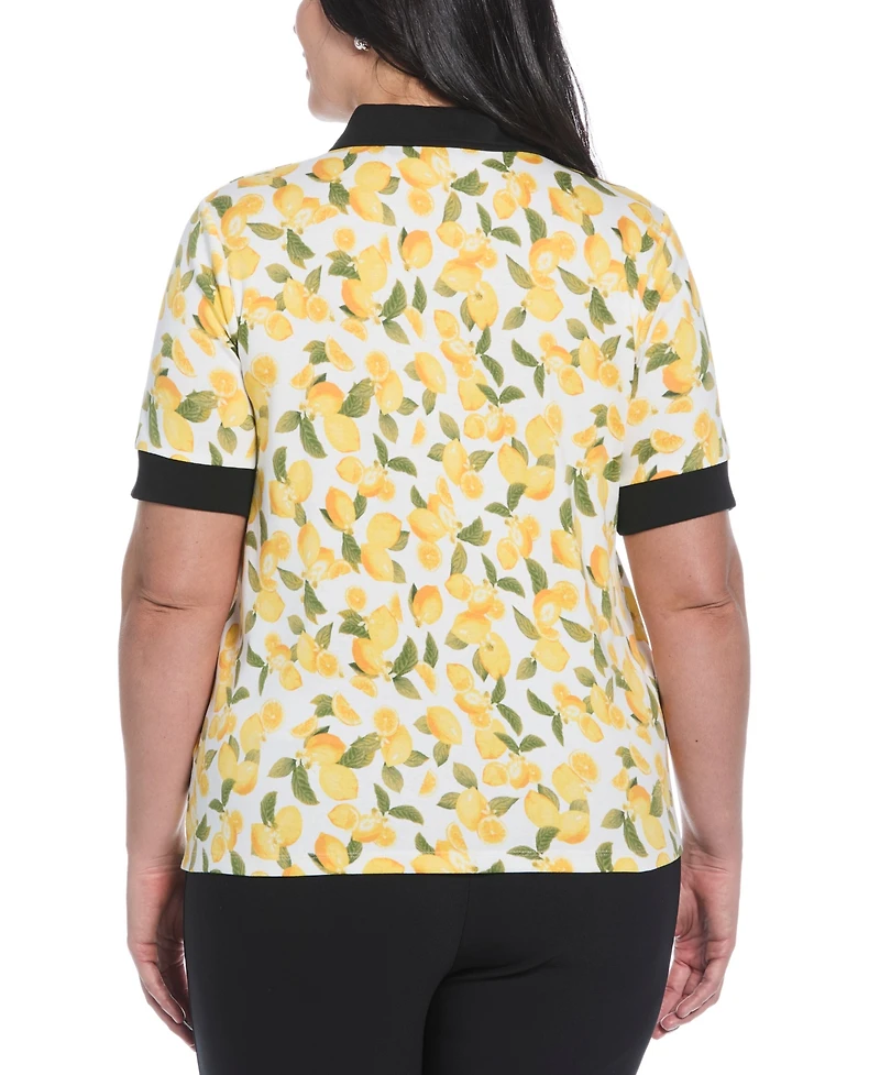 Rafaella Plus Lemon Print Buttoned Elbow Length Sleeve Polo T-Shirt