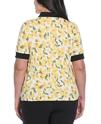 Rafaella Plus Lemon Print Buttoned Elbow Length Sleeve Polo T-Shirt