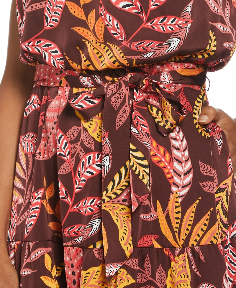 Ella Rafaella Petite Leaf Print Belted Sleeveless Dress