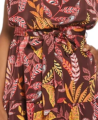Ella Rafaella Petite Leaf Print Belted Sleeveless Dress