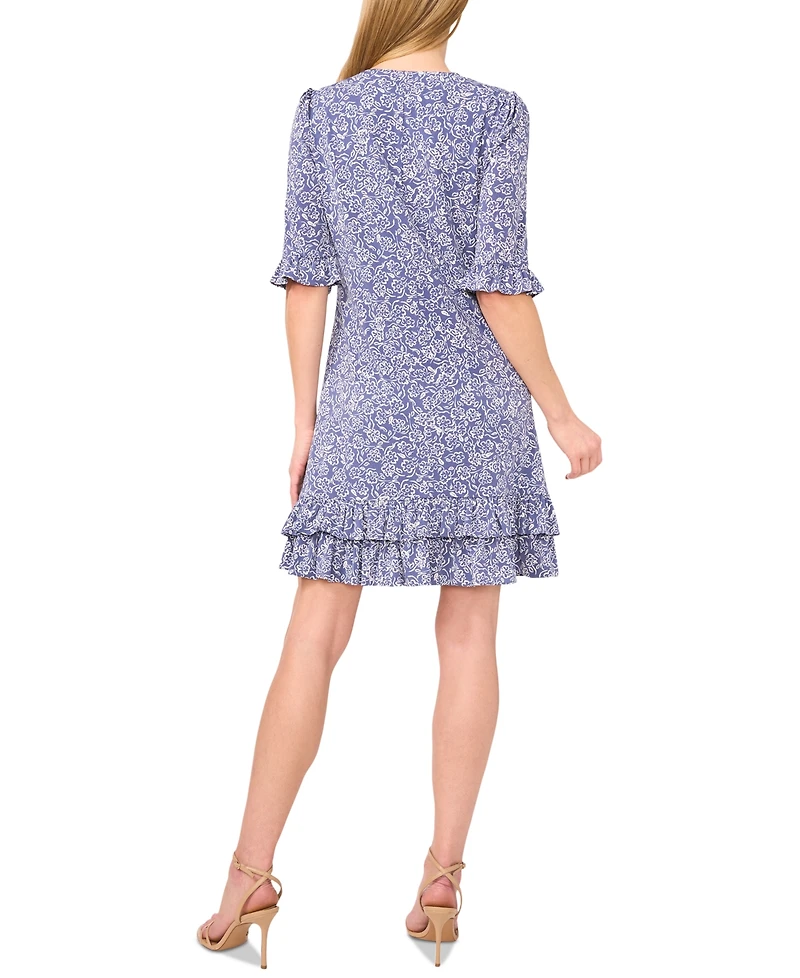 CeCe Women's Printed V-Neck Tiered-Ruffle-Trim Dress