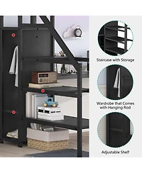 Full Size Loft Bed with L-shaped Desk and Usb, Metal Loft Bed with Wardrobe and Adjustable Shelf, High Loft Bed with Led for Kids Teens Adults