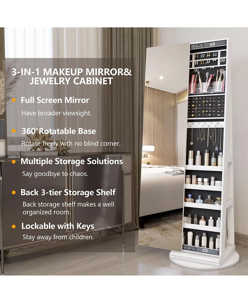 Vlsrka 360° Swivel Free-Standing Jewelry Armoire Cabinet with Mirror
