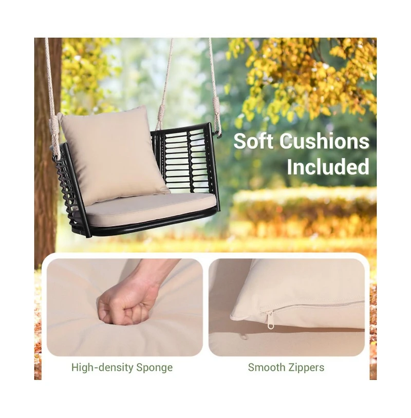 Porch Swing Patio Hanging Rattan Chair with Zippered Cushions and Rope