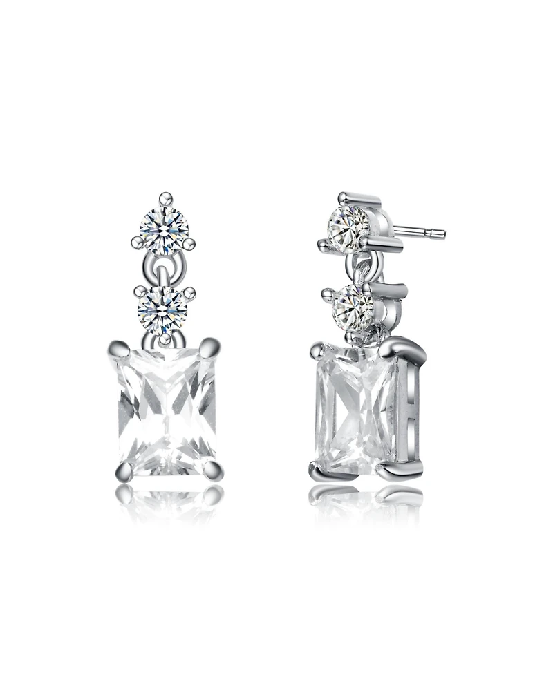 White Gold Plating with Clear Cubic Zirconia Radiant & Round Three-Stone Drop Earrings