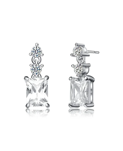 White Gold Plating with Clear Cubic Zirconia Radiant & Round Three-Stone Drop Earrings