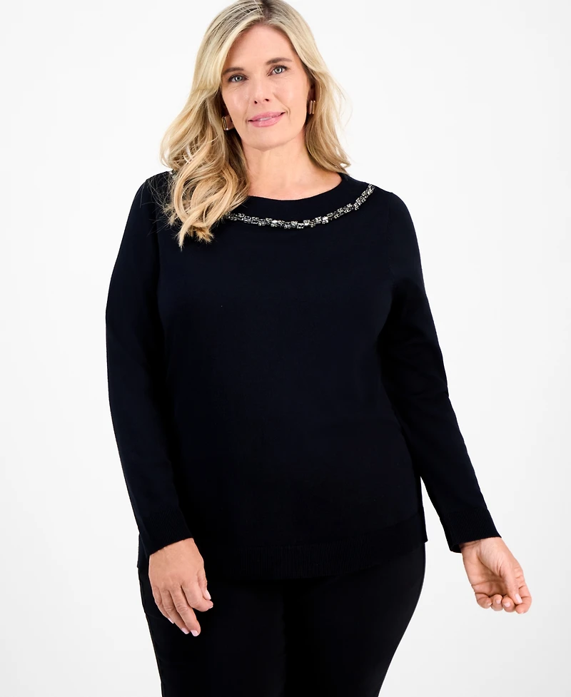 Jm Collection Plus Embellished Boatneck Sweater, Macy's Exclusive