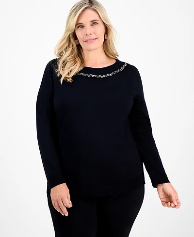 Jm Collection Plus Embellished Boatneck Sweater, Macy's Exclusive