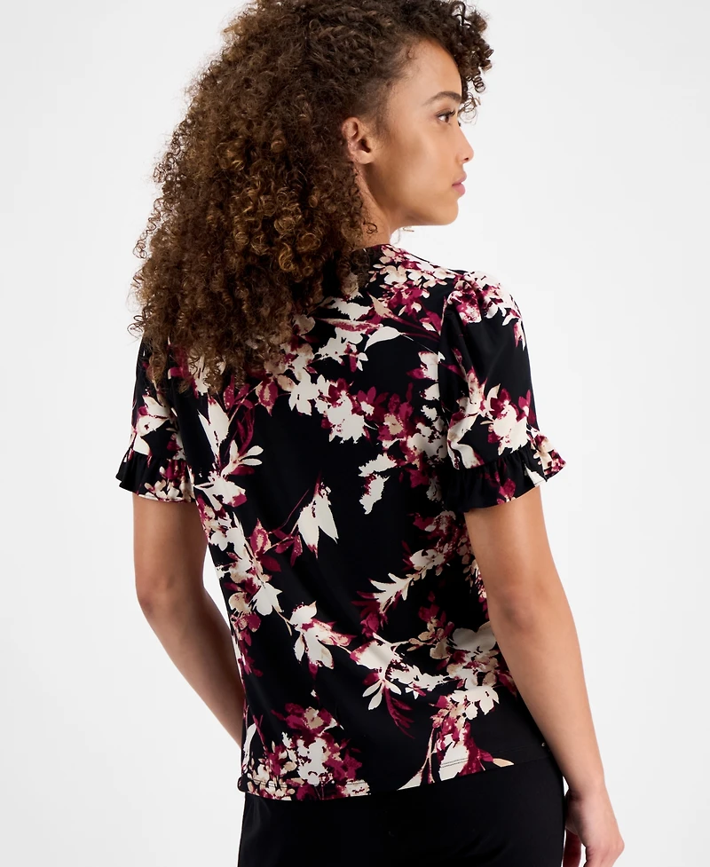 Ak Anne Klein Petite Ruffled-Sleeve Floral-Print Blouse