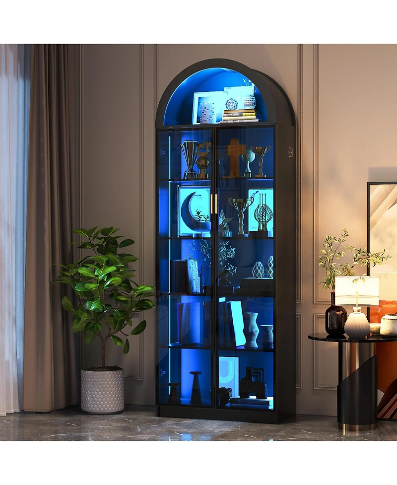 Vlsrka 76" Arch Display Cabinet, 3-Color Lights, 6 Shelves