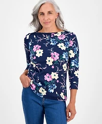 Style & Co Petite Cotton Floral 3/4-Sleeve Boat-Neck Top, Macy's Exclusive