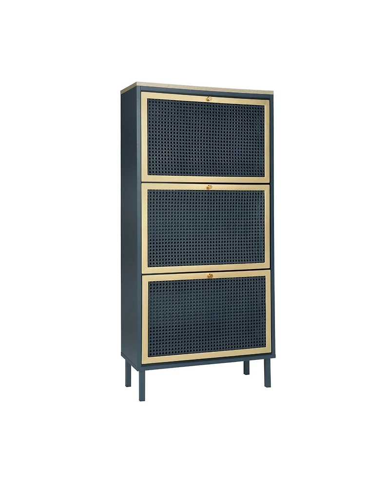 Freestanding Modern Shoe Storage Cabinet 3 Metal Rattan Door Shoe Rack Shoe Cabinet with 3 Flip Drawers for Entryway Living Room, Blue