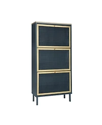 Freestanding Modern Shoe Storage Cabinet 3 Metal Rattan Door Shoe Rack Shoe Cabinet with 3 Flip Drawers for Entryway Living Room, Blue