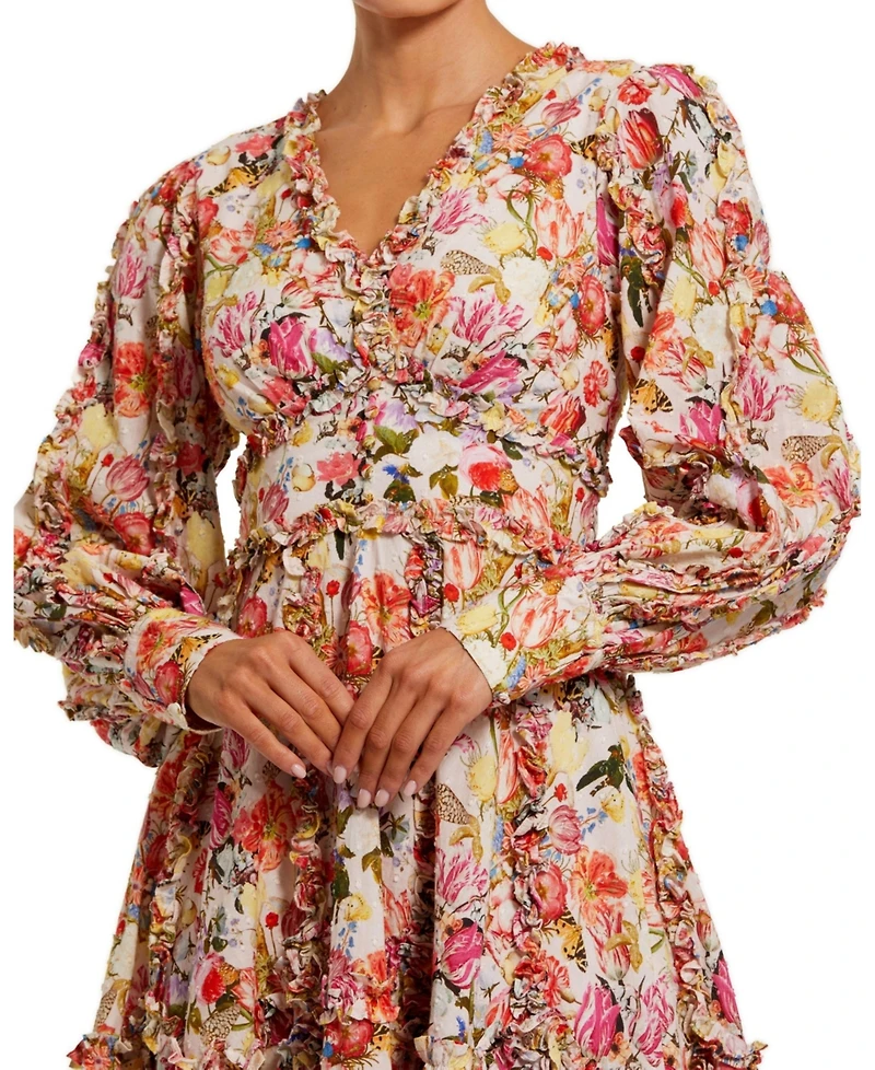 Mac Duggal Women's V-Neck Cotton Mini Dress with Ruffles and Multicolor Floral Print
