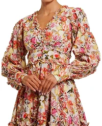 Mac Duggal Women's V-Neck Cotton Mini Dress with Ruffles and Multicolor Floral Print