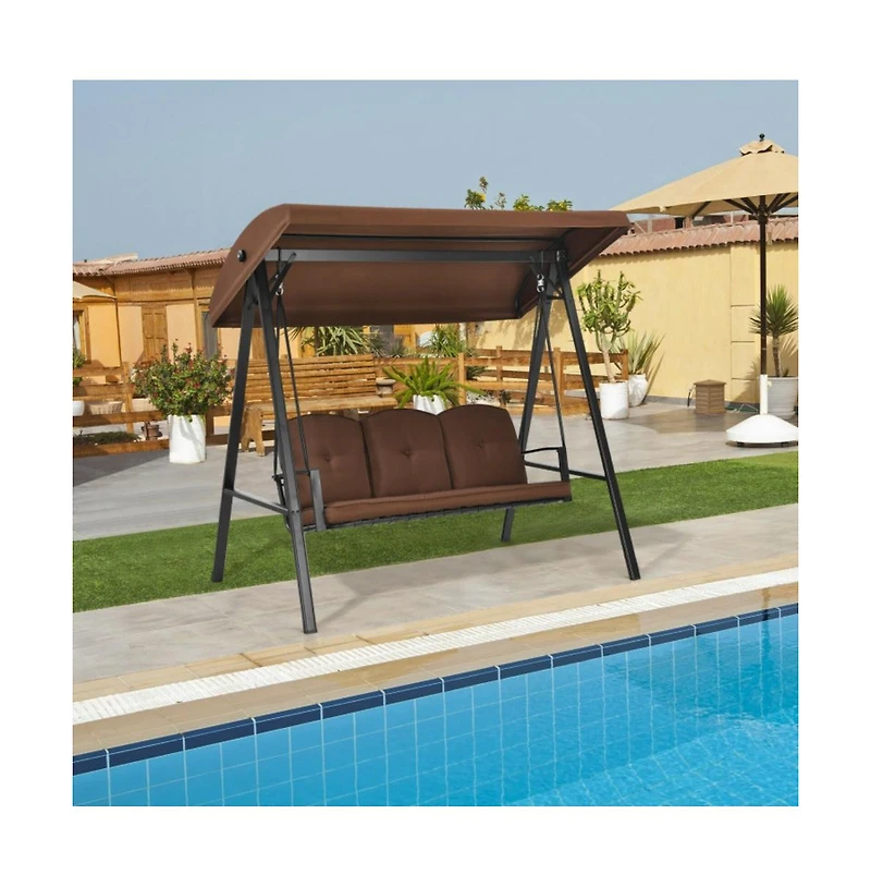 Outdoor 3-Seat Porch Swing with Adjust Canopy and Cushions