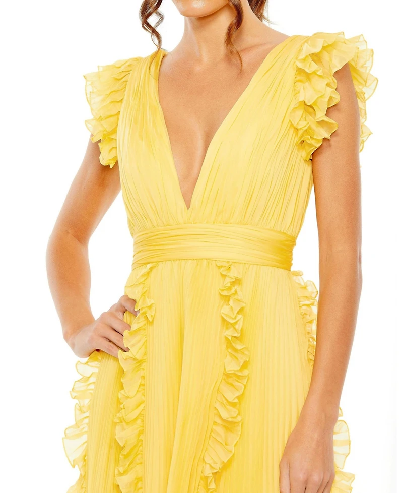 Mac Duggal Women's Pleated Chiffon V Neck Ruffle Midi Dress